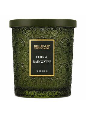 Bellevue Luxury 2-Wick Candle Fern & Rainwater 12oz Green Glass Jar NEW